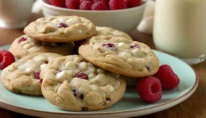Wall Mural - white chocolate chip raspberry cookies on a plate