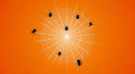 Spooky spider web design with creepy crawlies on vibrant orange background