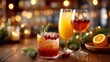 © Alena - Festive holiday cocktails with fruits and herbs on wooden table and bokeh lights. elegant glasses with festive cocktails and mocktails on a decorated bar counter, cozy celebration theme