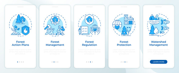 Wall Mural - Forest policy blue onboarding mobile app screen. Watershed management. Walkthrough 5 steps editable graphic instructions with linear concepts. UI, UX, GUI. Montserrat SemiBold, Regular fonts used