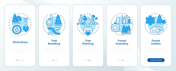Wall Mural - Reforestation methods blue onboarding mobile app screen. Walkthrough 5 steps editable graphic instructions with linear concepts. UI, UX, GUI. Montserrat SemiBold, Regular fonts used