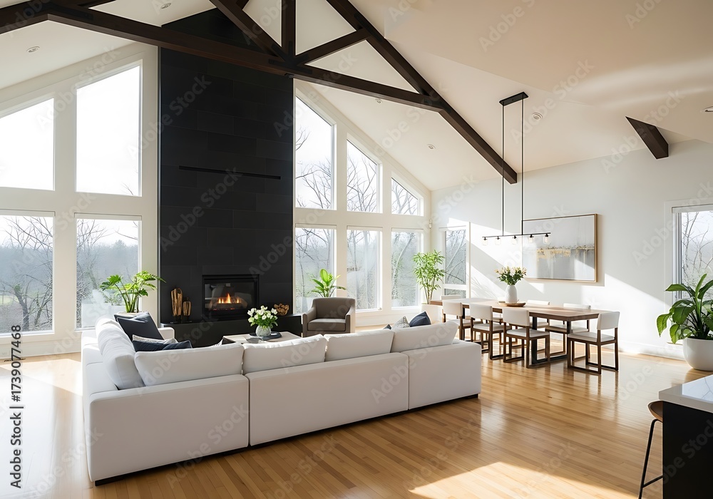 Spacious great room with vaulted ceiling, exposed beams, fireplace, and ...