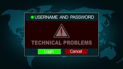 Technical Problem Warning notification System Security Alert error message on Computer Screen Entering Login And Password .Digital Business, Technology, Internet and network concept.