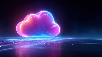 Luminous neon cloud formation floating above a wet reflective surface with dark background