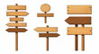 © Avra - Wooden way direction sign. Vintage board on pole from brown hardwood layout for information or advertising message. Textured wooden sign board and direction arrows cartoon vector illustration