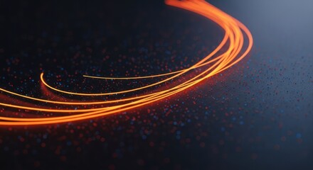 Dynamic glowing orange streaks move across a dark, textured surface with colored particles
