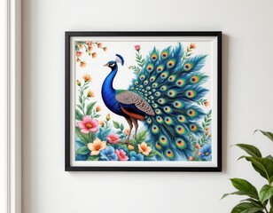 Naklejka na meble Beautiful Colorful Peacock Art in Frame with Floral Elements