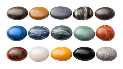 Collection of colorful polished stones isolated on transparent background