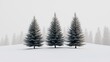 © mlangsen - Three frosted evergreen trees stand centered on a snowy, undulating winter landscape, misty