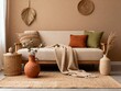 © Cahyo - A warm, bohemian living room featuring terracotta walls, a natural fiber rug, a white sofa, and wicker and wood accents that create a cozy, earthy atmosphere.
