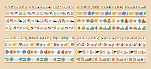 Wall Mural - Groovy retro seamless border sticker set in colorful cartoon graphic style. Peace hand, heart, smiley and flower shape as playful y2k motif with cassette element. Funky frame and sticker border set