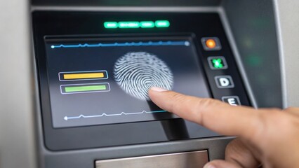 A person using a fingerprint scanner on a digital display for secure verification.