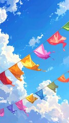 Wall Mural - A fun, colorful summer illustration of a flying kite against a blue sky with clouds