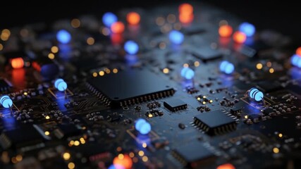Illuminated Circuit Board with Glowing Components, Technology and Data Processing