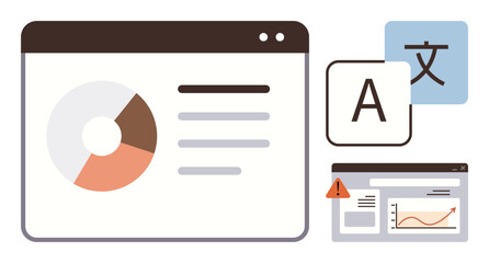 Wall Mural - Pie chart and report on browser screens alongside a translation icon and alert mark. Ideal for data visualization, translation, analytics, reporting, communication, global projects, and software