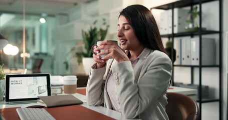 Business, night and woman in workplace, coffee and screen with smell, peaceful and espresso. Evening, corporate professional and person in office, technology and herbal tea with caffeine and break