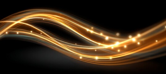 Wall Mural - Golden Light Trails Across a Dark Abstract Background with Wave Movement and Shiny Effects