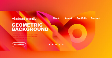 Wall Mural - Abstract geometric background features vibrant orange, pink hues. Text includes work, about, portfolio, contact options. Read more button visible.