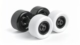 Four skateboard or longboard wheels with three black and one white arranged on minimal surface with visible bearings for editorial product showcase gear contrast and urban lifestyle-themed visuals