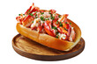 © Vasyl Onyskiv - Lobster roll sandwich with lobster meat, lettuce and herbs in buttered bun on wooden plate, isolated on white transparent background. Concept of gourmet seafood cuisine meal