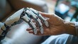 © David - Close up shot of an elderly persons hand being held by a robots hand, symbolizing technological advancement