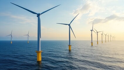 Offshore wind turbines in the ocean under a cloudy sky