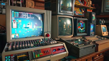 Vintage Computers and Classic Gaming Consoles in Retro Arcade Setup