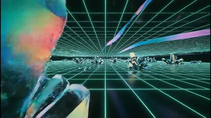 Futuristic glowing grid tunnel with abstract geometric debris floating, representing data flow or cyberspace.