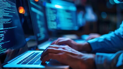 Hands Typing on Laptop with Code and Digital Data Displayed