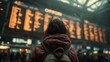 © Kate - Traveler with Backpack Facing Departure Board in Airport Hall