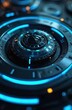 © miss irine - Futuristic black and blue circular element with glowing accents. Sci-fi design featuring metallic circle, neon lights and abstract patterns. High-tech component with glowing blue ring and orange glow.