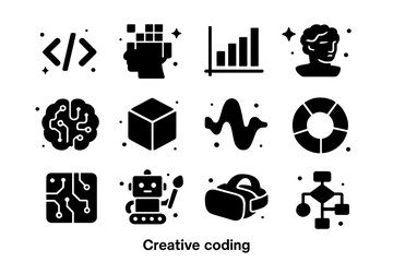 Digital Coding Icons. Creative coding. Solid icons set of code brackets, pixel art, data visualization, digital sculpture, AI brain, 3D cube, abstract wave,