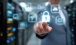 © Bagus - A person in a suit touching a digital padlock icon with technology related icons around