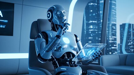 Futuristic Robot Interaction: Robot uses tablet device in urban setting, exploring possibilities and integration of technology in our modern lives