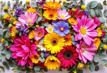 Wall Mural - Vibrant floral arrangement featuring eucalyptus and colorful blooms in a flat lay composition, stock photo, design