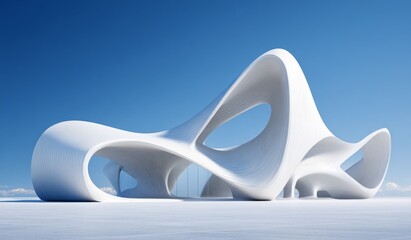A modern abstract architectural structure with smooth curves stands under a clear blue sky, showcasing unique and creative design.