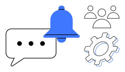 Blue notification bell, speech bubble, team icons, and gear representing alerts, communication, collaboration, teamwork, user interaction system settings and productivity. Ideal for app development