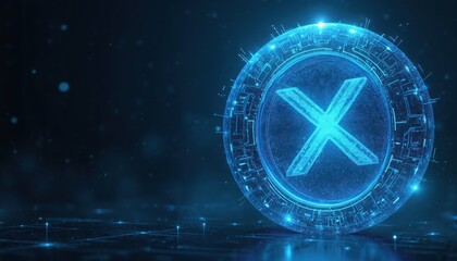 Glowing blue letter X symbol in futuristic digital sphere with circuits. Abstract tech background with data network lines and bokeh. Sci fi concept.