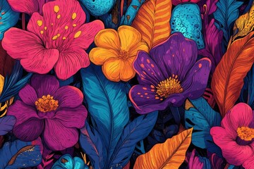 A hand-drawn botanical design that incorporates a vibrant pattern of colorful flowers and leaves is presented