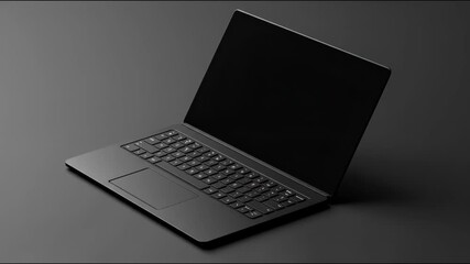 A sleek, modern black laptop is open and angled on a dark, minimalist background, showcasing its keyboard and screen.