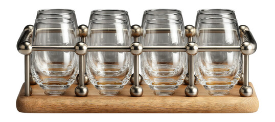 Four Transparent Glasses in Stylish Stand on Wooden Base for Modern Decor