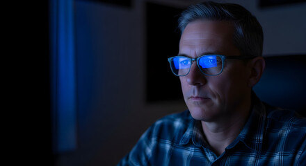 Serious Male Focused On Computer Screen At Night Working Late On Project Seeking Solution Reflective Light Digital Technology Modern Office Concentrating Alone Coding Dev