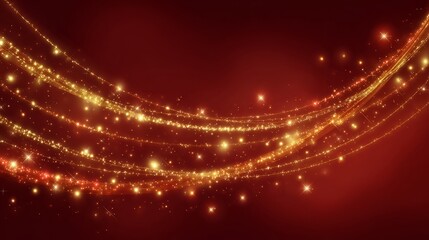 Wall Mural - Festive brilliant golden stardust arcs across a festive red background with shimmering falling star light trails, creating a magical holiday atmosphere ideal for christmas celebrations, new year festi