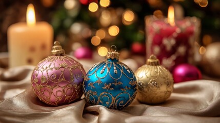 Wall Mural - Elegant festive christmas ornaments in gold, pink, and blue resting on soft satin cloth with glowing candle and blurred christmas tree in the background, creating a warm and luxurious holiday atmosphe