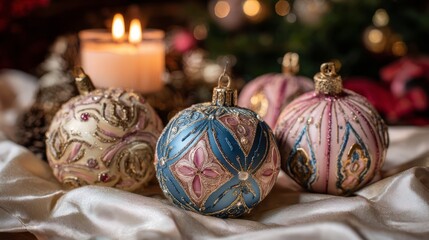 Wall Mural - Elegant festive christmas ornaments in gold, pink, and blue resting on soft satin cloth with glowing candle and blurred christmas tree in the background, creating a warm and luxurious holiday atmosphe
