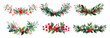 © Narin - Watercolor set of Christmas green frames and garlands. Hand painted watercolor garland of holly branches and berries. Christmas decorations for cards, banners, etc.