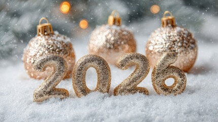 Wall Mural - Glittering christmas ornaments arranged to form the year 2026 on a snowy surface, showcasing a festive holiday celebration scene with sparkling decorations, winter magic, and seasonal cheer in a brigh