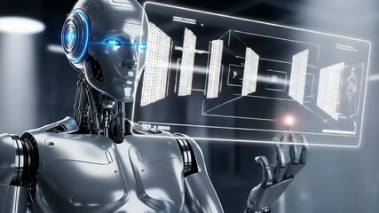Wall Mural - Futuristic humanoid robot using advanced transparent holographic interface technology