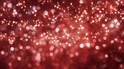 Wall Mural - Red christmas background with glowing fairy lights creating a warm festive atmosphere, featuring soft bokeh illumination and holiday sparkle for seasonal greeting cards, elegant winter decorations, an