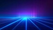 © Dewi - Futuristic digital landscape with a grid floor and glowing vertical beams against a gradient purple and blue background. Space-like
